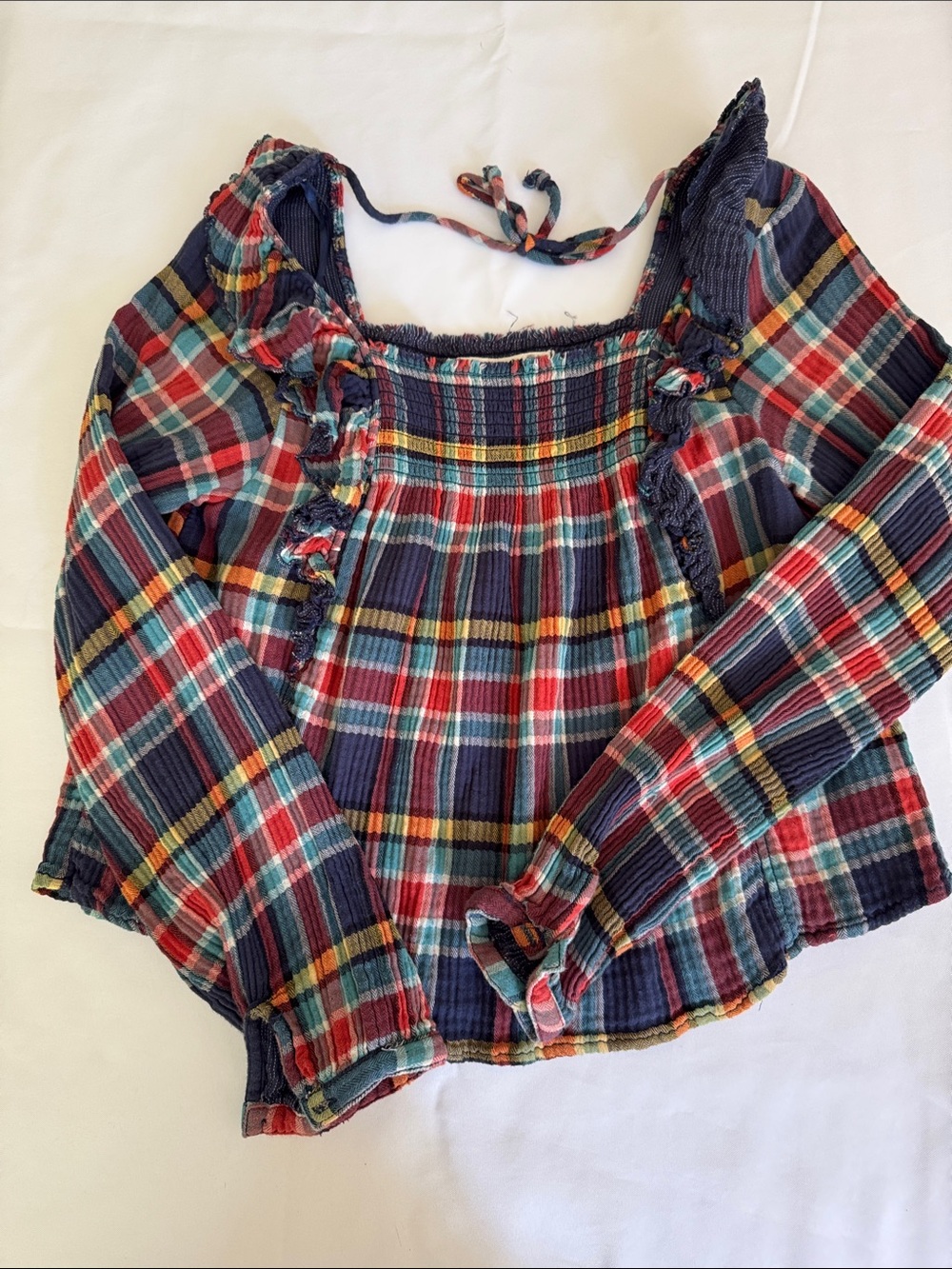 We The Free Plaid Long-Sleeve Smocked Top - Navy, Red, Green & Yellow